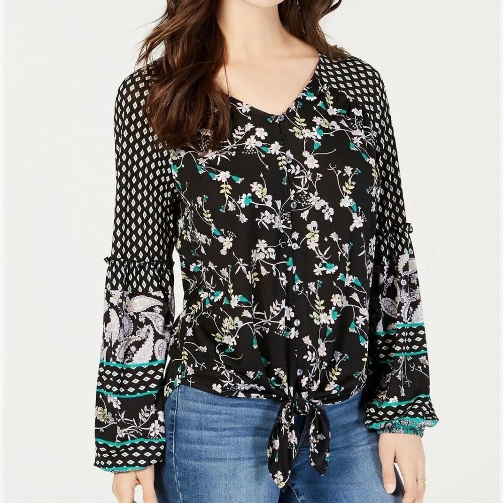 Style & Co Women's Mixed-Print Tie-Front Top   Size 1X